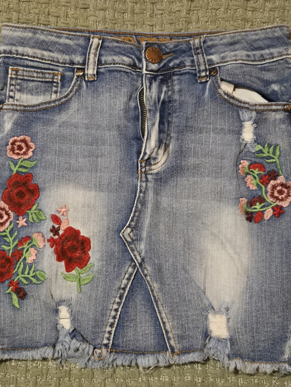 VIP Blue Denim Skirt with Red & Pink Floral Embroidery